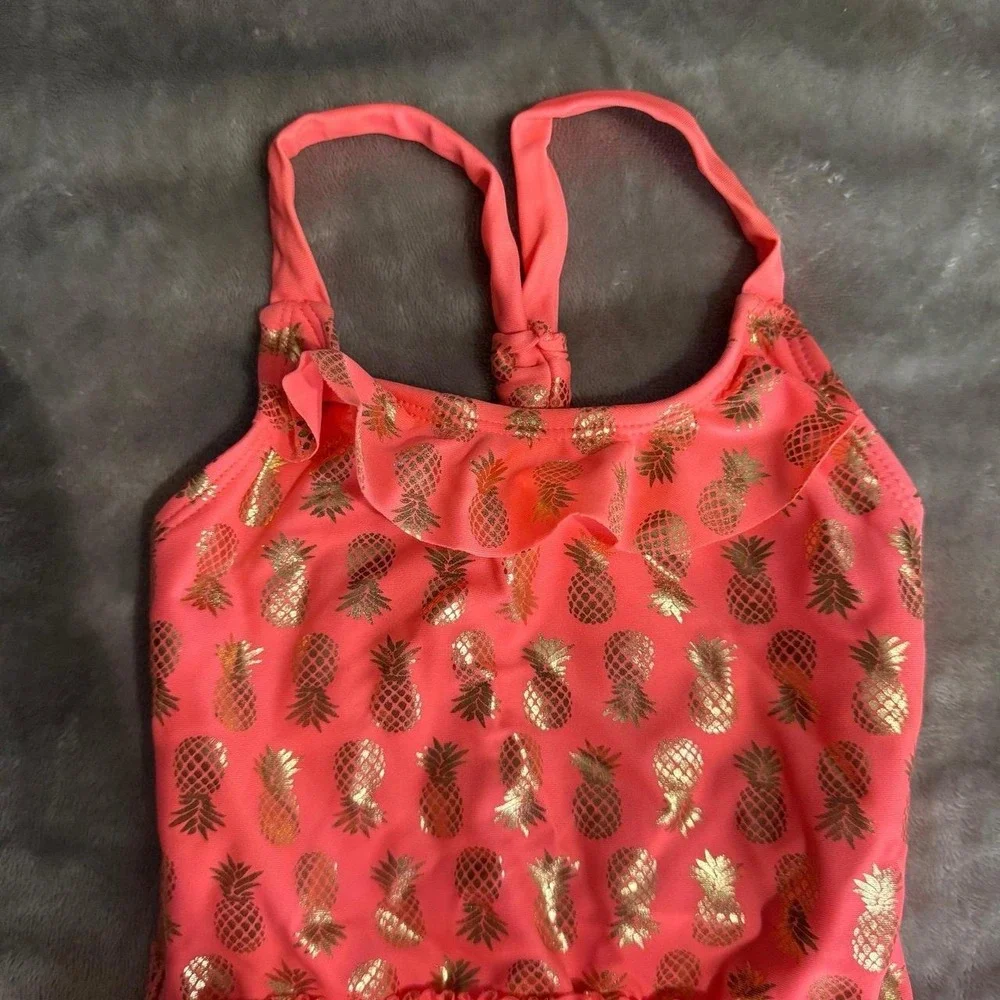 Real Love girls size 3T one piece swim suit coral gold pineapples ruffles